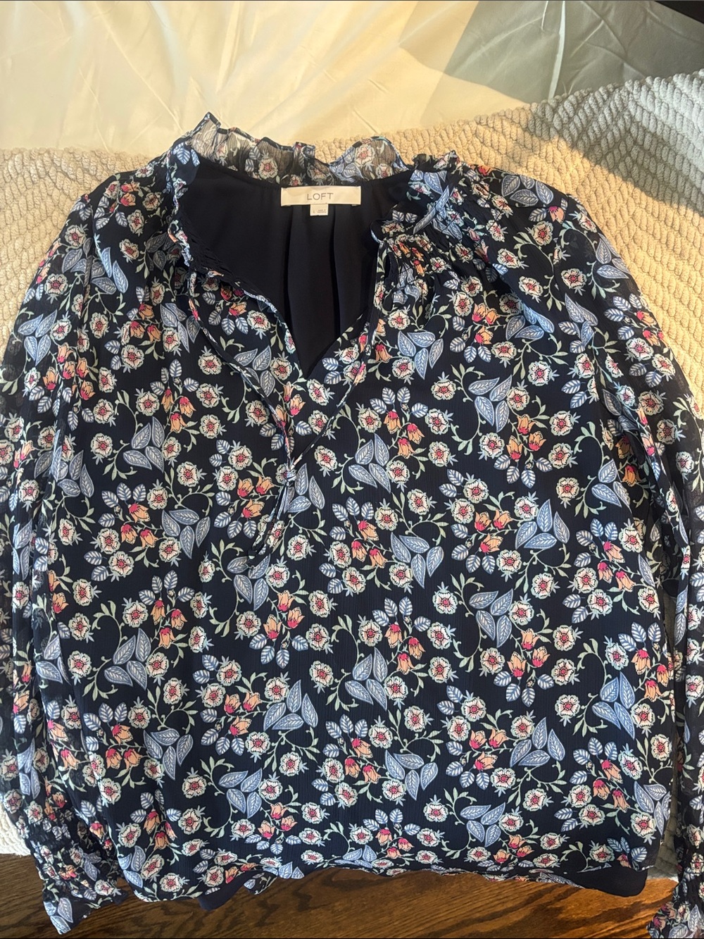 LOFT Navy Floral Ruffle-Trim Blouse